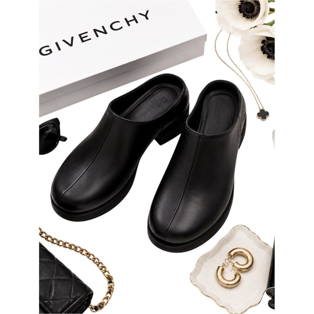 Givenchy Black G Leather Rubber Mule Clogs EU 39 Logo Slip On COA Excellent Used